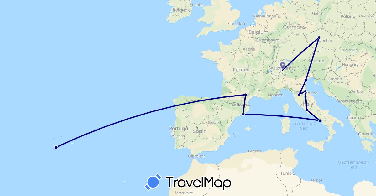 TravelMap itinerary: driving in Switzerland, Czech Republic, Spain, France, Italy, Portugal (Europe)